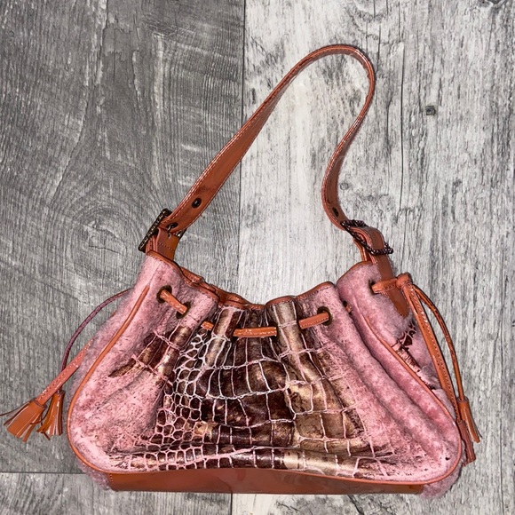 Isabella Fiore Handbags - Y2K FIORE PINK FUZZY Snakeskin Rhinestone Buckles Small Drawstring Purse